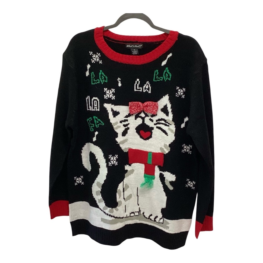 What's Next? Woman Christmas Sweater Black Singing Cat 3D Bow Plus Size 1X NWT
